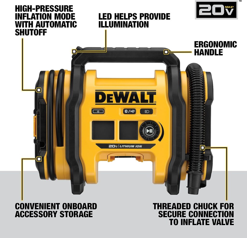 DEWALT 20V MAX Tire Inflator, Compact and Portable, Automatic Shut Off, LED Light, Bare Tool Only (DCC020IB)