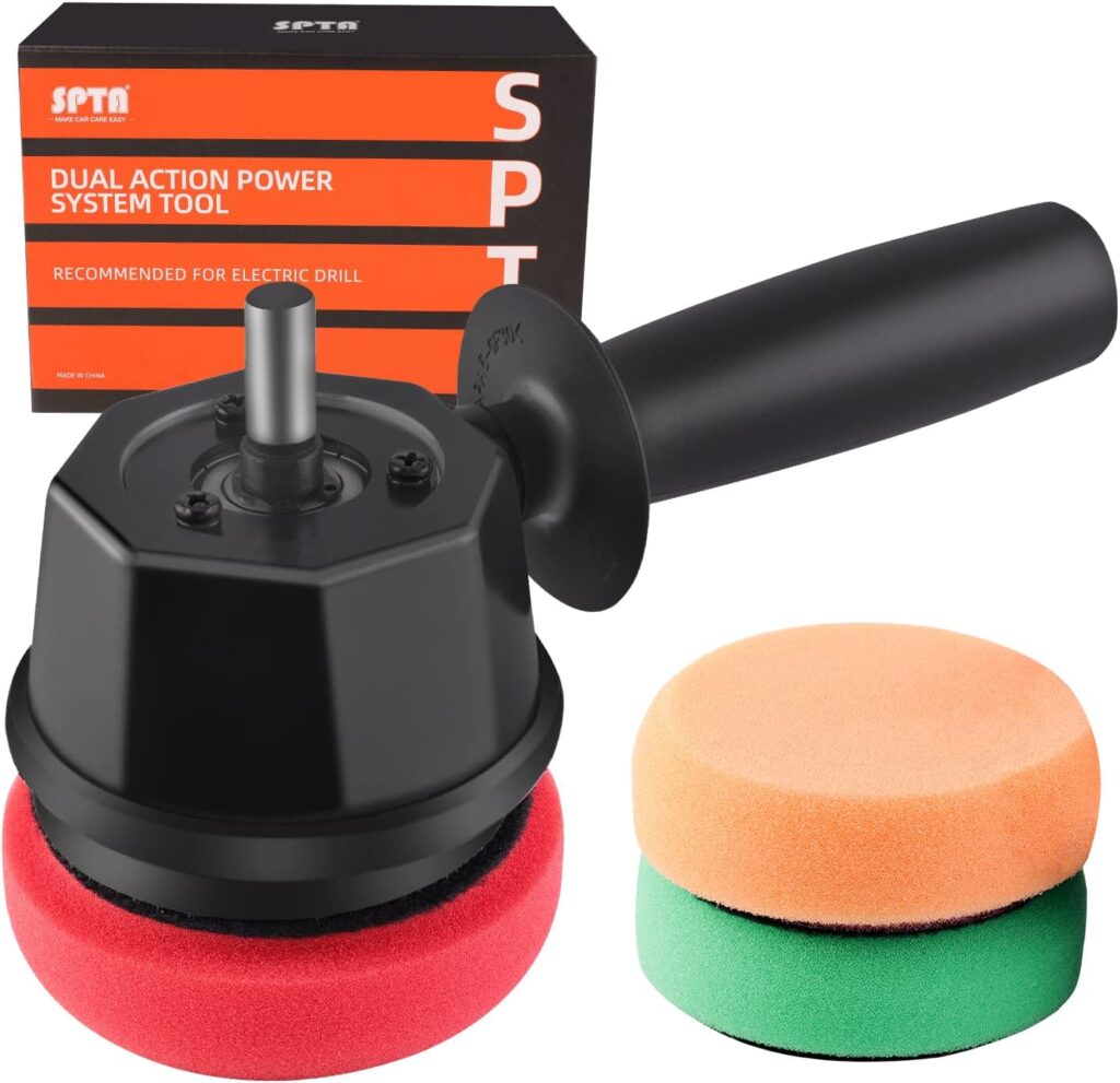 SPTA Dual Action Power System Tool, Forced Dual Action Polisher Adapter Detailing Tool with 3Pcs Polishing Pads For Cordless Drill for Car Polishing, Buffing, Waxing and Compounding -DAPSTS3