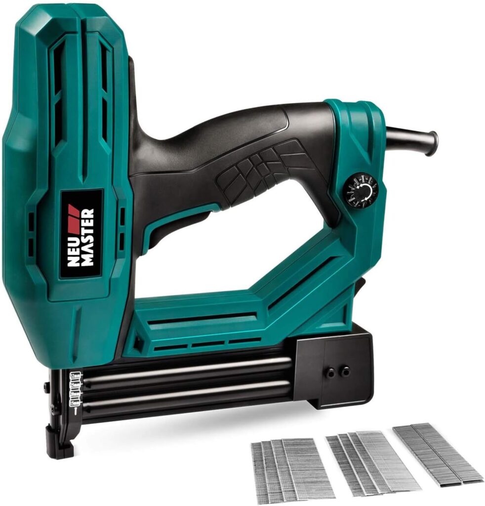 NEU MASTER NTC0040 Electric Brad Nailer for Upholstery, Carpentry and Woodworking Projects, 1/4 Narrow Crown Staples 200pcs and Nails 800pcs Included