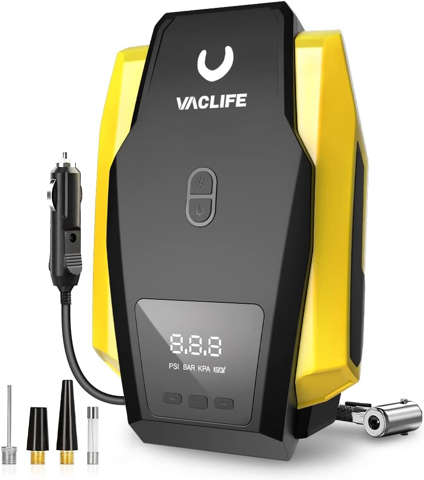 VacLife Tire Inflator Portable Air Compressor - Air Pump for Car Tires (up to 50 PSI), 12V DC Tire Pump for Bikes (up to 150 PSI) w/ LED Light, Digital Pressure Gauge, Model: ATJ-1166, Yellow (VL701)