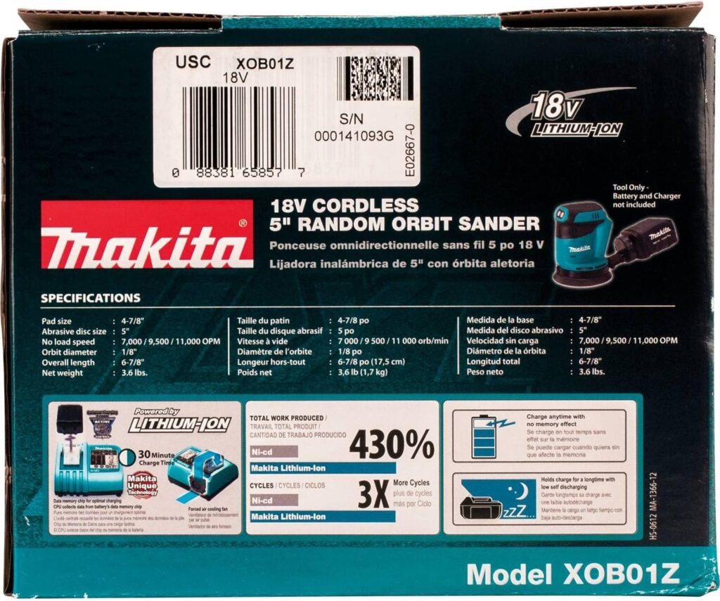 Makita XOB01Z 18V LXT® Lithium-Ion Cordless 5 Random Orbit Sander, Tool Only