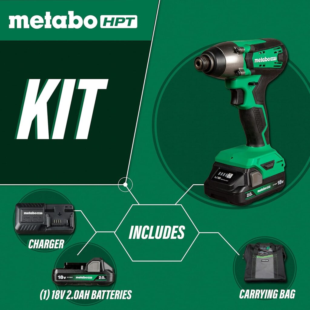 Metabo HPT 18V MultiVolt Impact Driver Kit | Cordless | 1-2.0Ah Li-Ion Battery w/Fuel Gauge | 1,328 in-lbs of Torque | 3,200 IPM | Lifetime Tool Warranty | WH18DFX