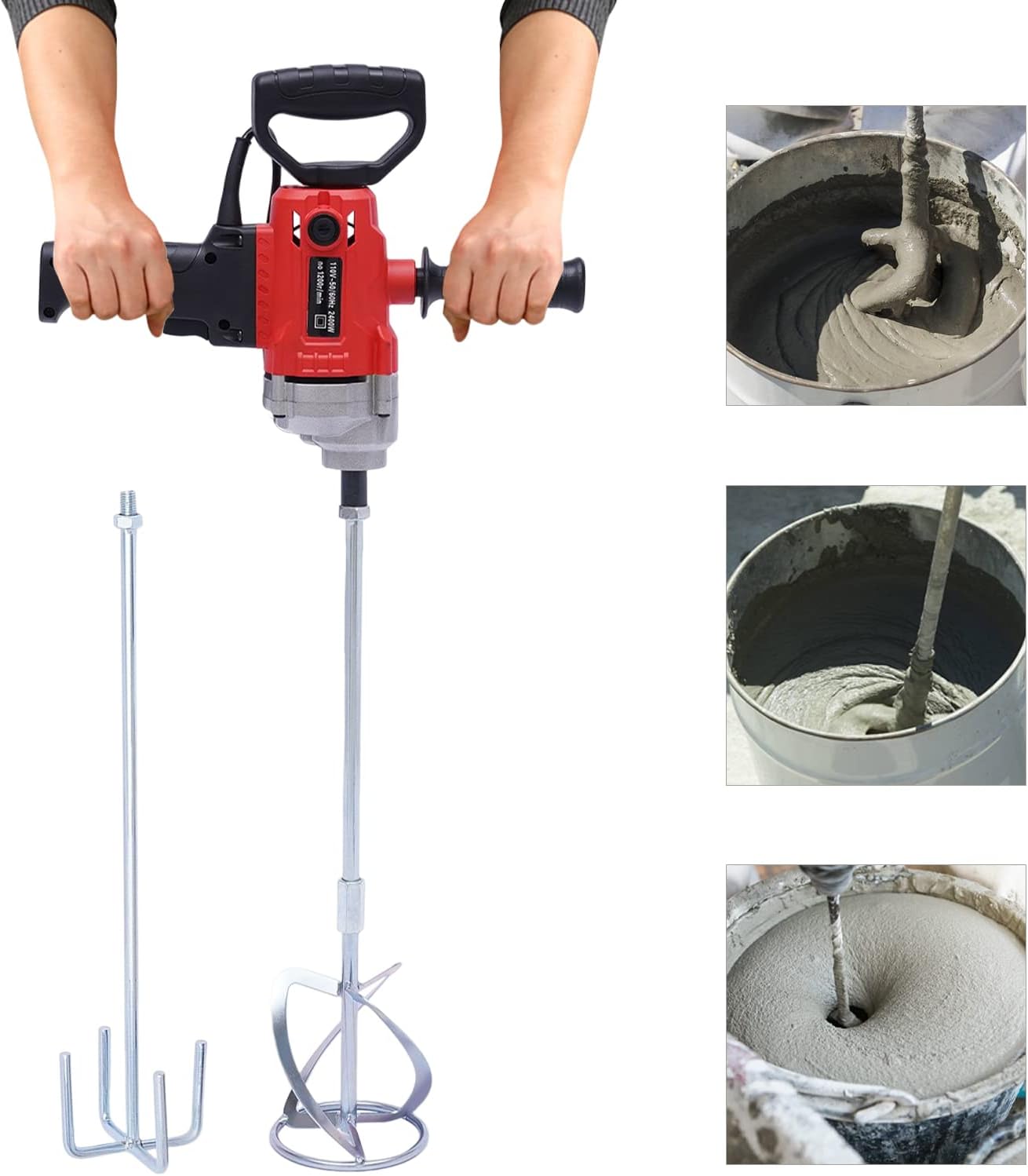 Drill Mixer Set with 2 Spade Handle, 6 Adjustable Speed Electric Handheld Cement Mixer, 2400W Concrete Paint Mixer Drill Mud Mixer, Electric Corded Mixing Drill Machine for Mixing Mortar Plaster