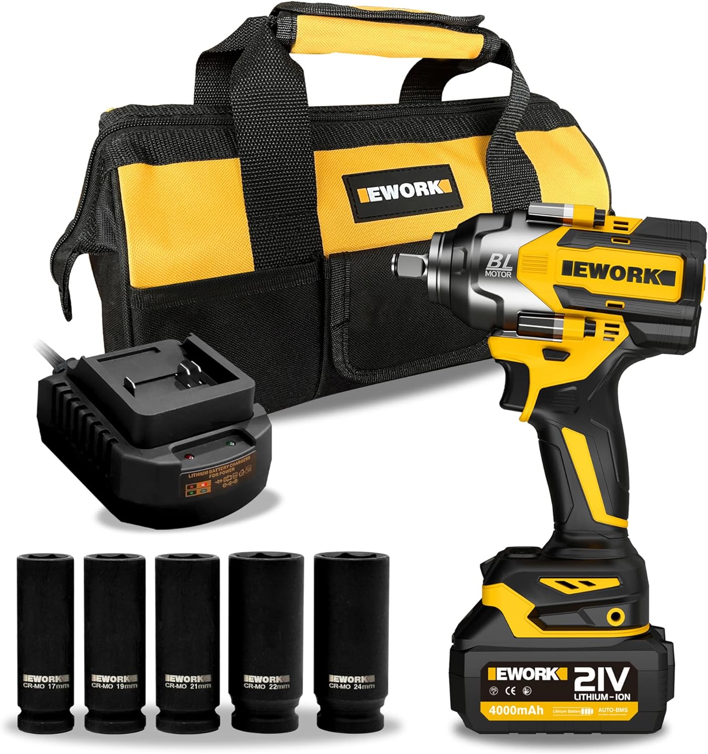 EWORK Cordless Impact Wrench 1/2 inch 21V Brushless High Torque Impact Gun Max 700 Ft-lbs Power with 4.0Ah Li-ion Battery, Fast Charger, 5 Sockets, Tool Bag (RB-810)