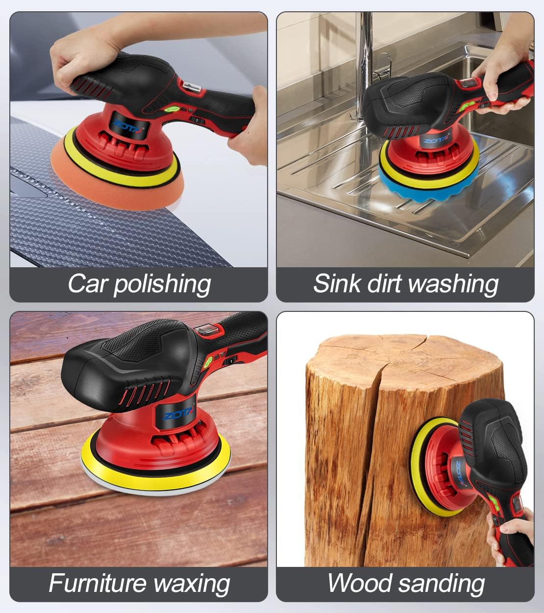 ZOTA Cordless Buffer Polisher for Car,6 inch 2pcs 12V/2.0Ah Lithium Rechargeable Battery Cordless Polisher with 6 Variable Speed,Quiet Orbital Car Buffers and Polishers kit.